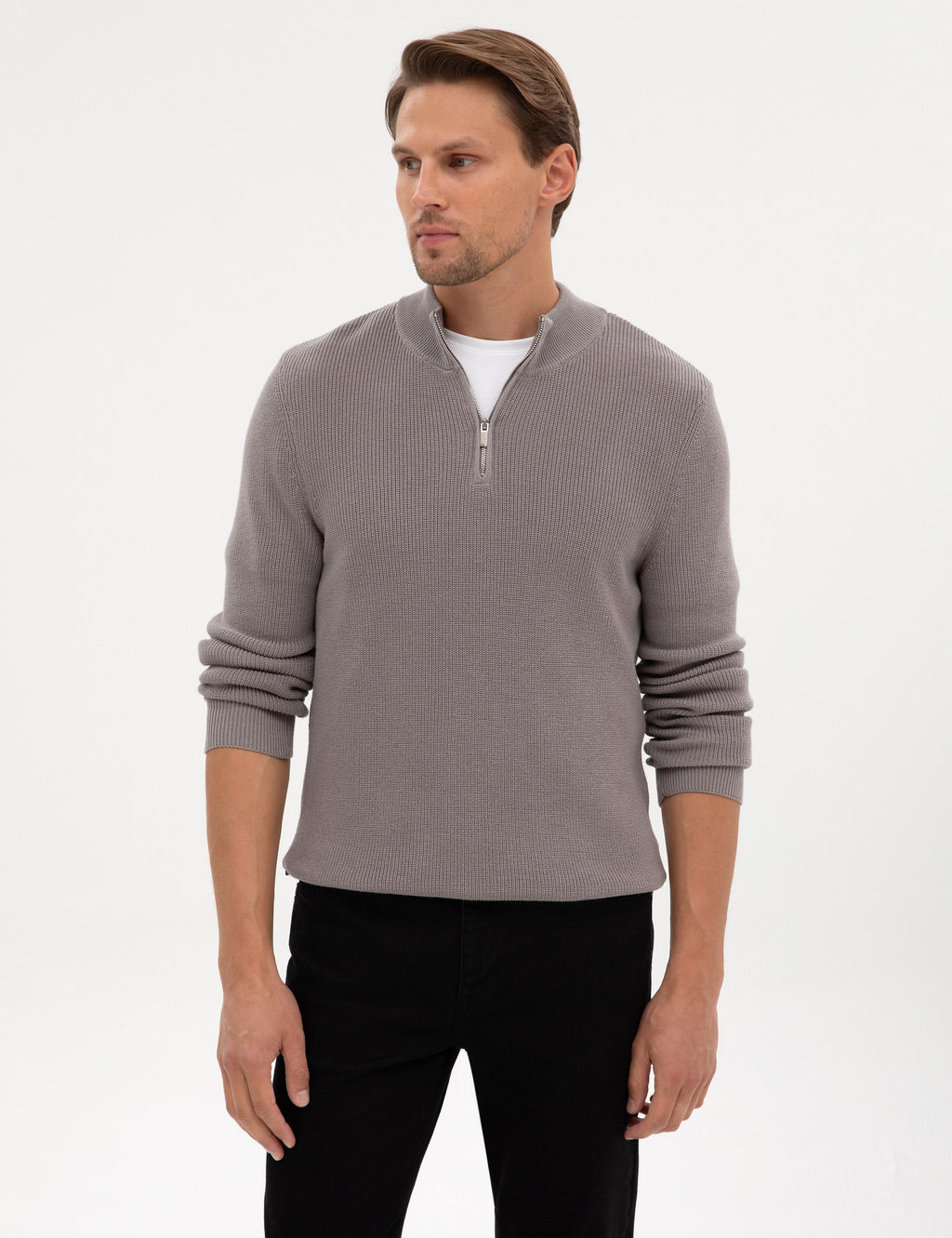 A__k Gri Melanj Slim Fit Dik Yaka Fermuarl_ Triko Kazak