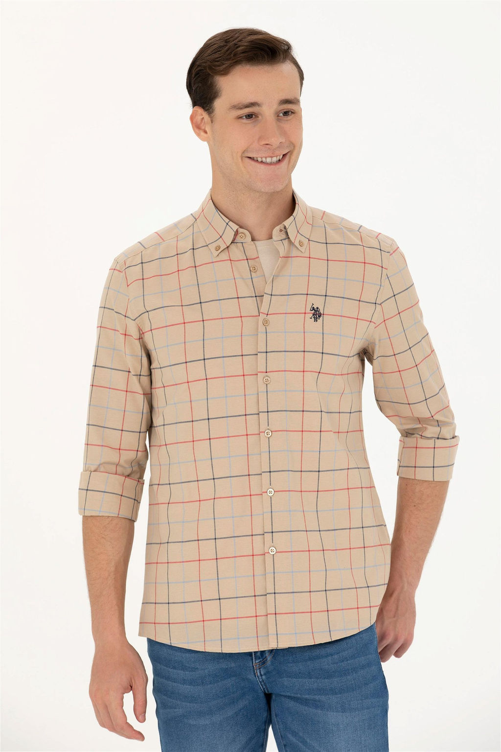 U. S. Polo Assn Мужская рубашка песочного цвета в клетку - U.s. polo assn фото 3