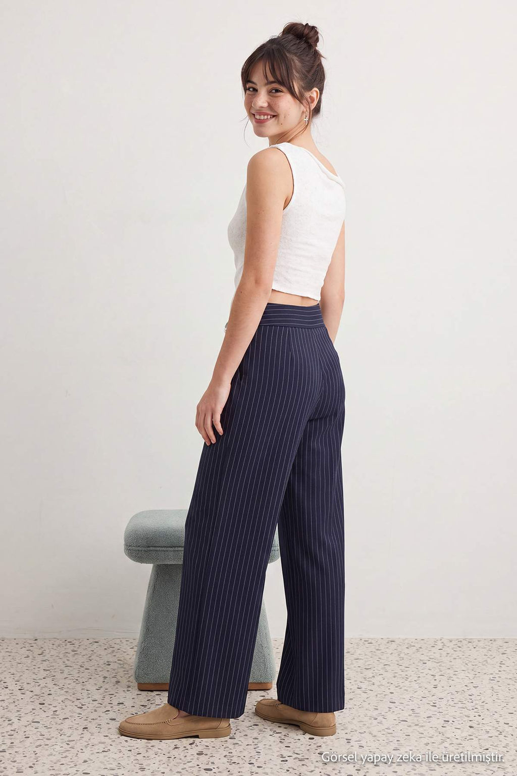 Lacivert Kal_n Kemerli _izgili Wide Leg/Geni_ Pa_a Pantolon TWOAW27PL00027 - Trendyolmilla фото 4