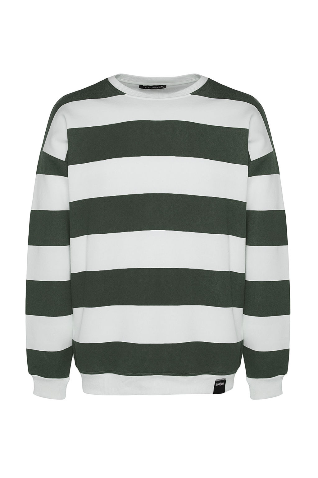 TRENDYOL MAN Indigo-Ekru Oversize/Genis Kesim Bisiklet Yaka Cizgili Ici Polarl? Pamuklu Sweatshirt TMNAW24SW00098 - Trendyolmilla фото 7