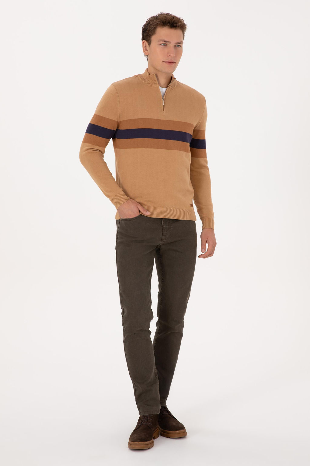 Erkek Regular Fit Yar_m Fermuarl_ Camel Kazak - U.s. polo assn фото 4