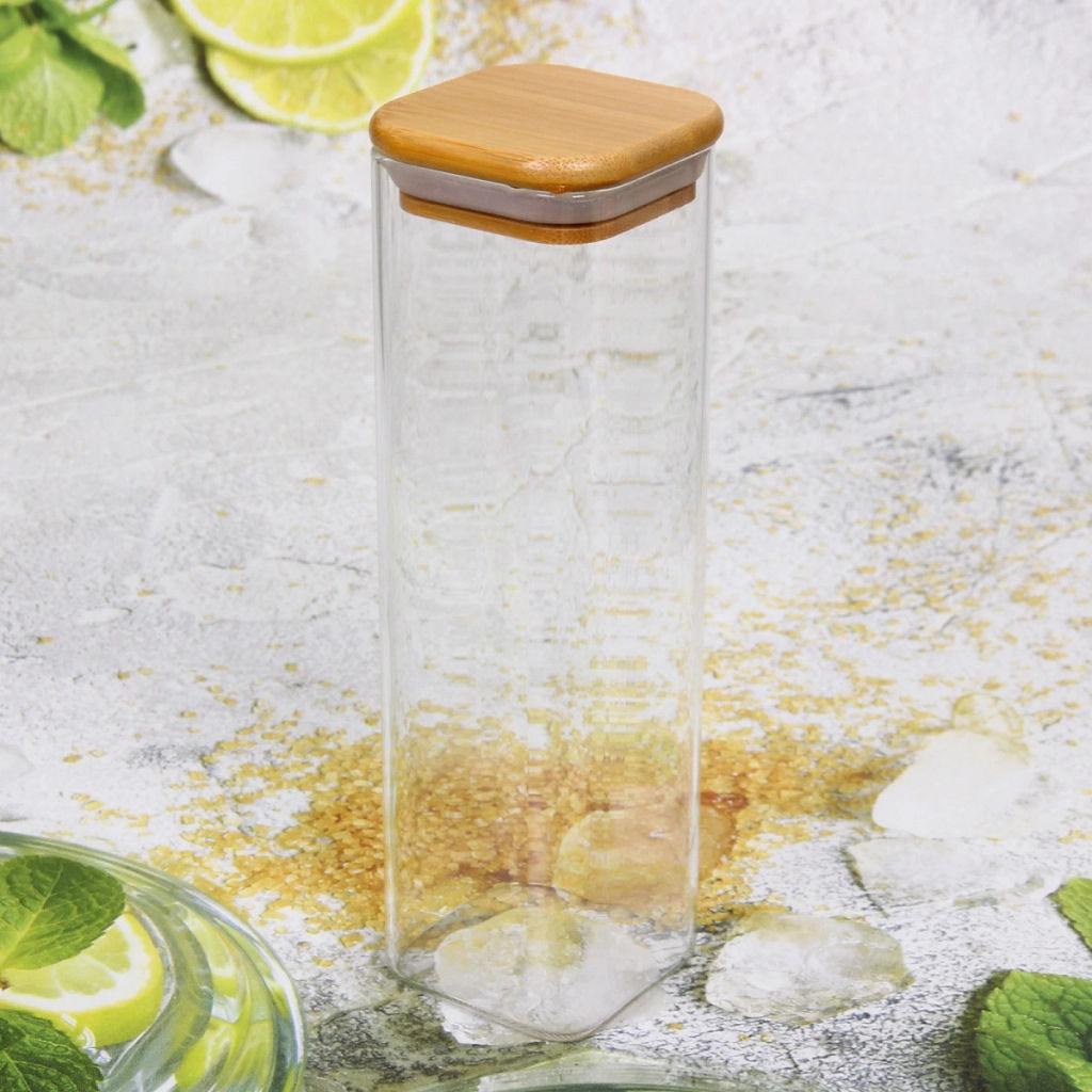 Банка для продуктов стеклянная 560мл "Хай-Тек" с бамбуковой крышкой, квадратная 6*20см