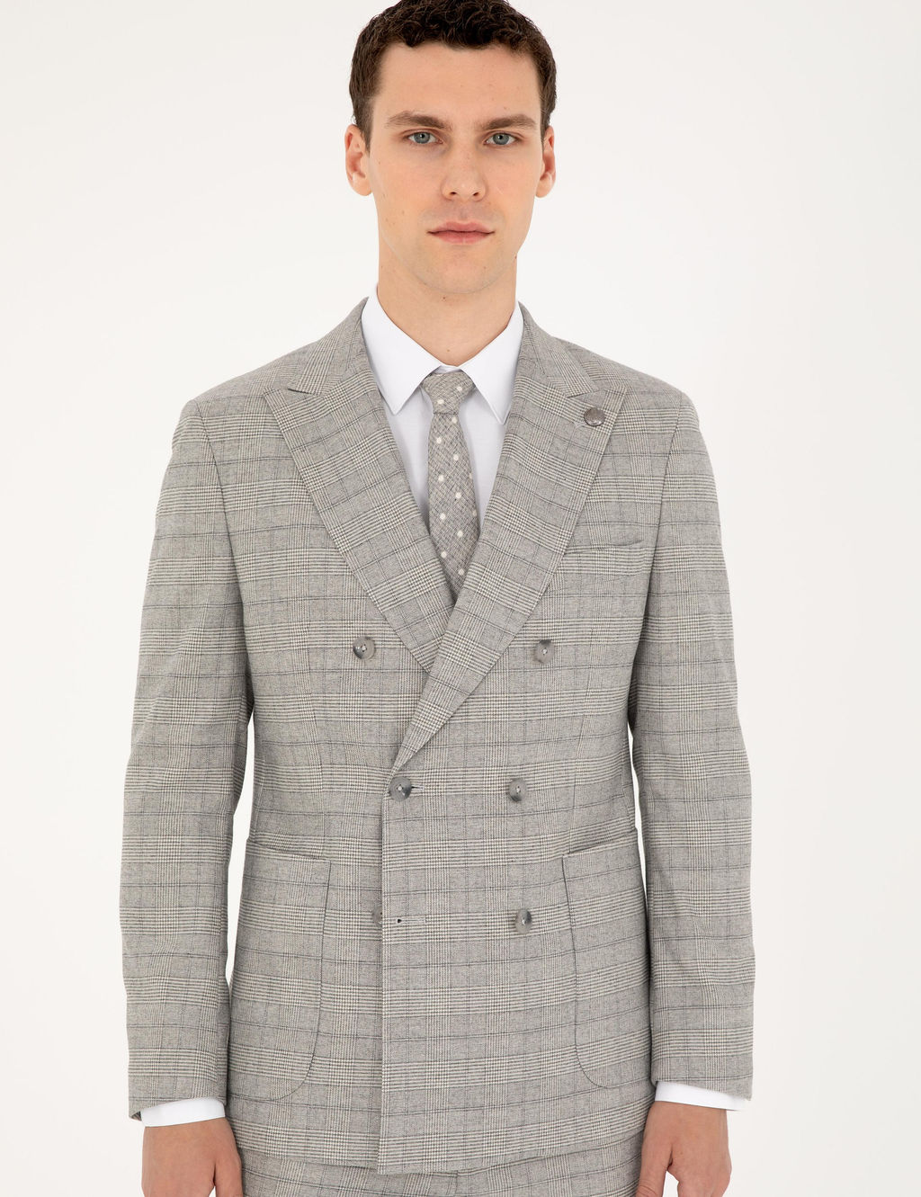 Gri Ex. Slim Fit Ekose Kruvaze Tak_m Elbise
