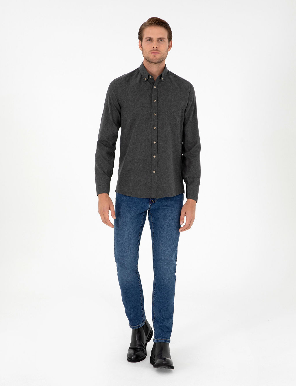 Antrasit Slim Fit Uzun Kollu G_mlek