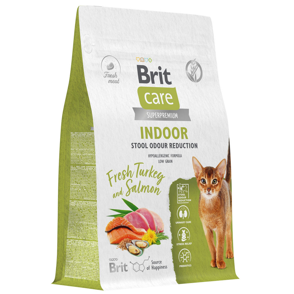 BRIT CARE, Сухой корм с инд. и лососем д/взр.кош "Cat Indoor Stool Odour Reduction", 0.4 кг, 5066100