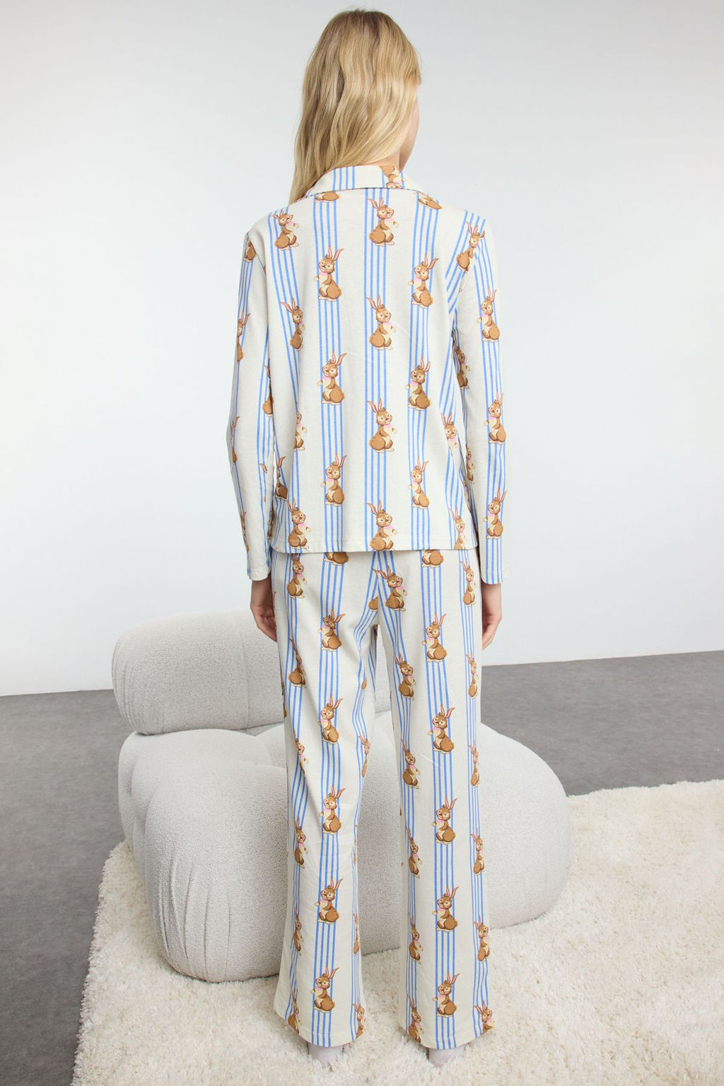 Trendyolmilla Cok Renkli %100 Pamuklu Cizgili Tavsan Desenli Orme Pijama Tak?m? THMAW25PT00193  фото 5