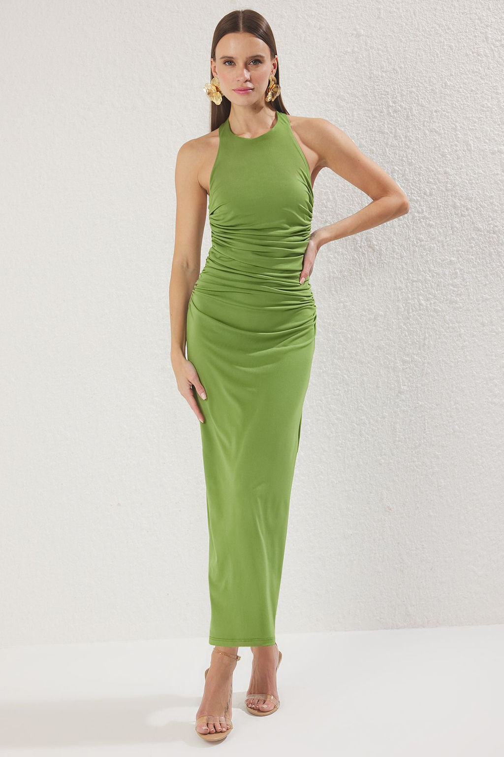 TRENDYOLMILLA Yag Yesil Duz Buzgu / Drape Midi Burgu Detayl? Esnek Orme Elbise TWOSS25EL00676 фото 5