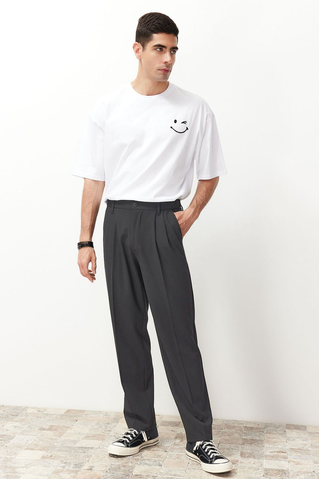 Antrasit Pileli Klasik Baggy Fit Kumas Pantolon TMNSS24PL00024