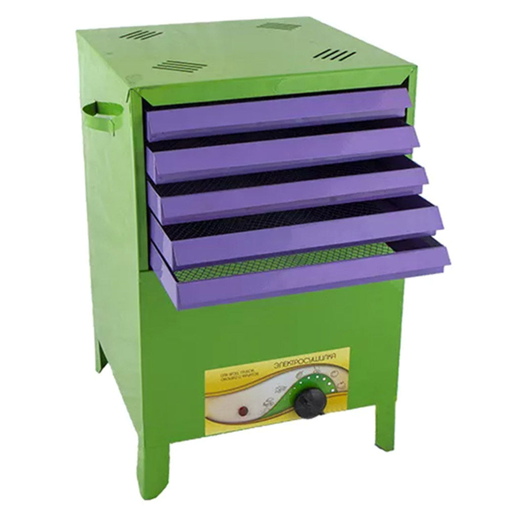 Электросушилка для грибов, овощей и фруктов "Сухофрукт" 20л, 31х31х47см, металл, 5 выдвижных металлических поддонов, 450Вт, горизонтальная загрузка, естественная конвекция, регулировка температуры, зеленый (Россия)