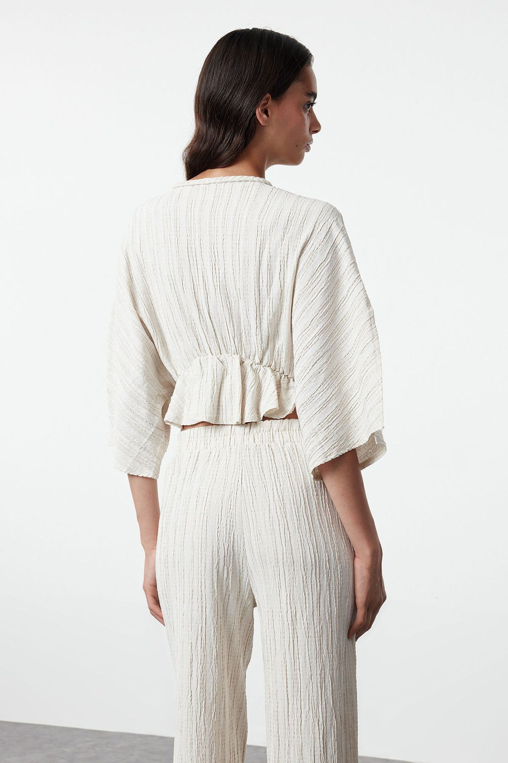 Ekru Beli Lastikli Dokulu Kumas Bootcut Dokuma Pantolon TWOSS24PL00142