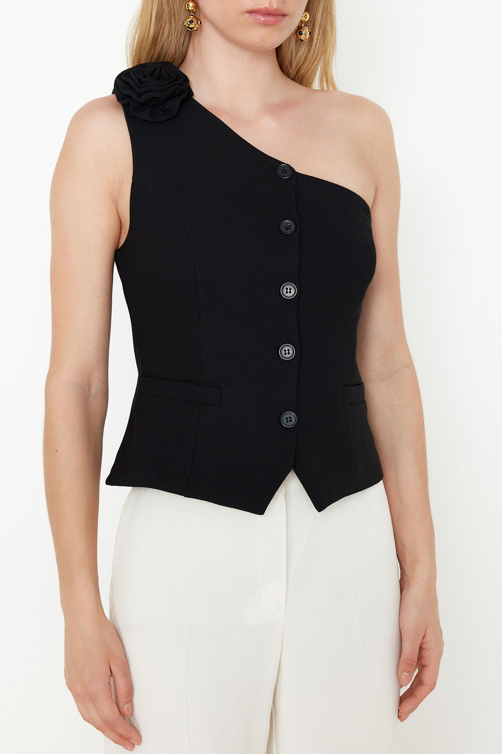 TRENDYOLMILLA Limited Edition Koyu Lacivert Fitted Tek Omuz Gullu Crop Dokuma Yelek TWOSS24YE00038  фото 14