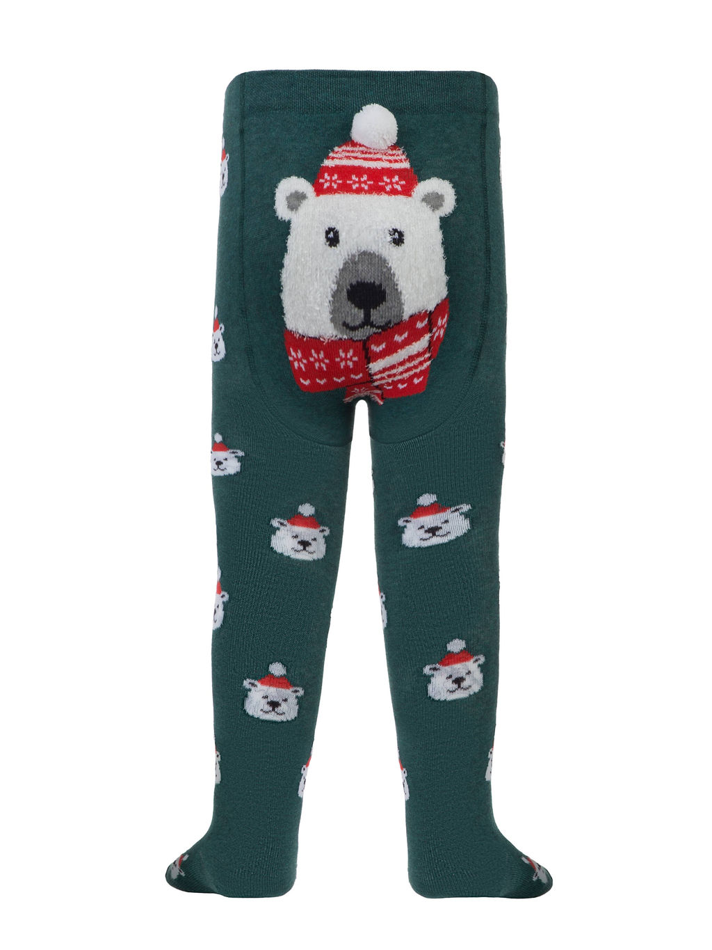 Conte-Kids Новогодние колготки Белый мишка с пушистой нитью и помпоном т.бирюзовый