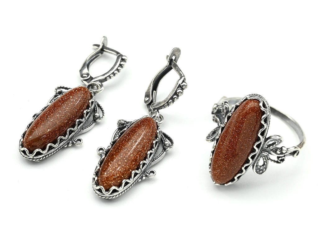 Кольцо Серьги с авантюрином имитация размер 19.