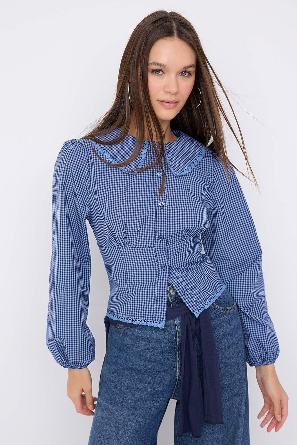 Teen Bebe Yaka Detayl? Kareli Bele Oturan Mavi Gomlek TWOAW26GO00059 - Trendyolmilla фото 4