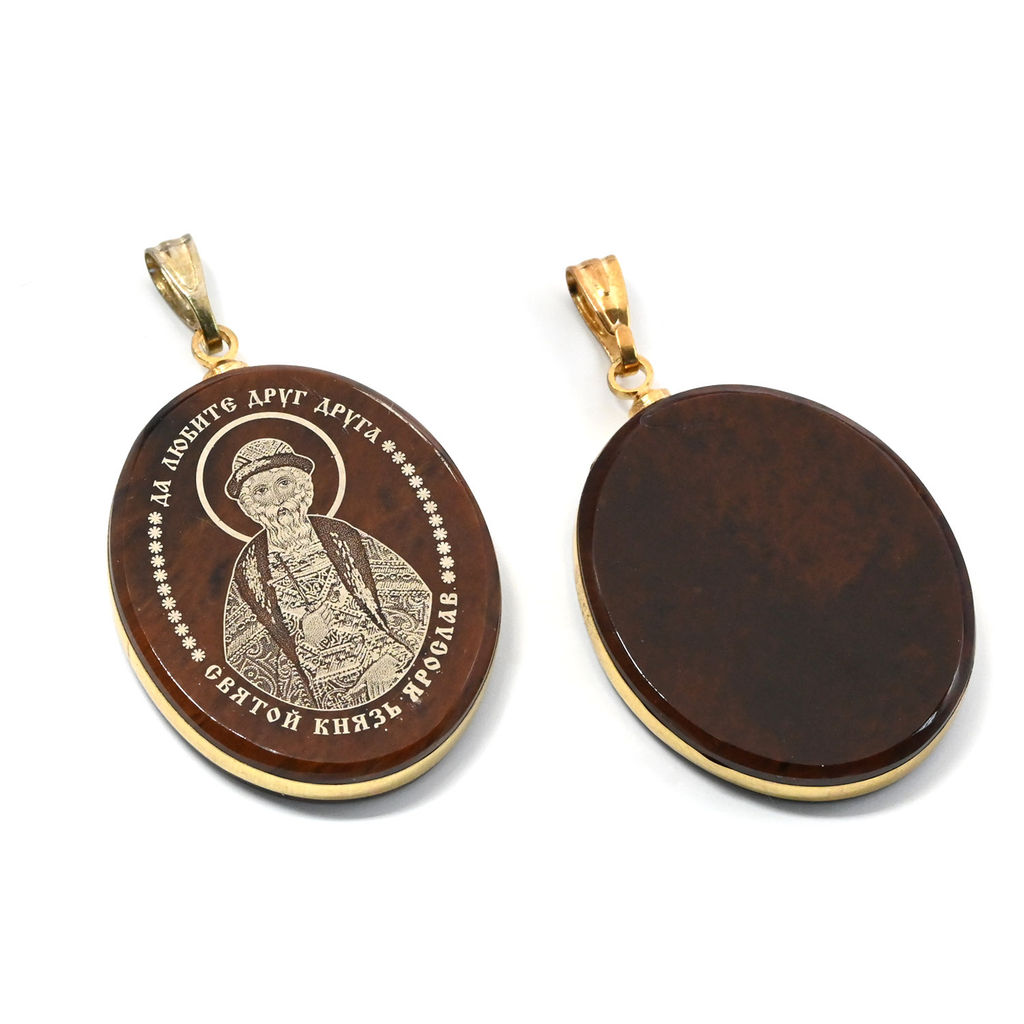 Кулон из обсидиана овал с окантовкой " Св. Ярослав " 20*30мм.