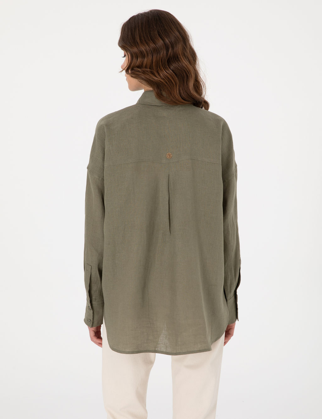 Haki Oversize Uzun Kollu %100 Keten G_mlek