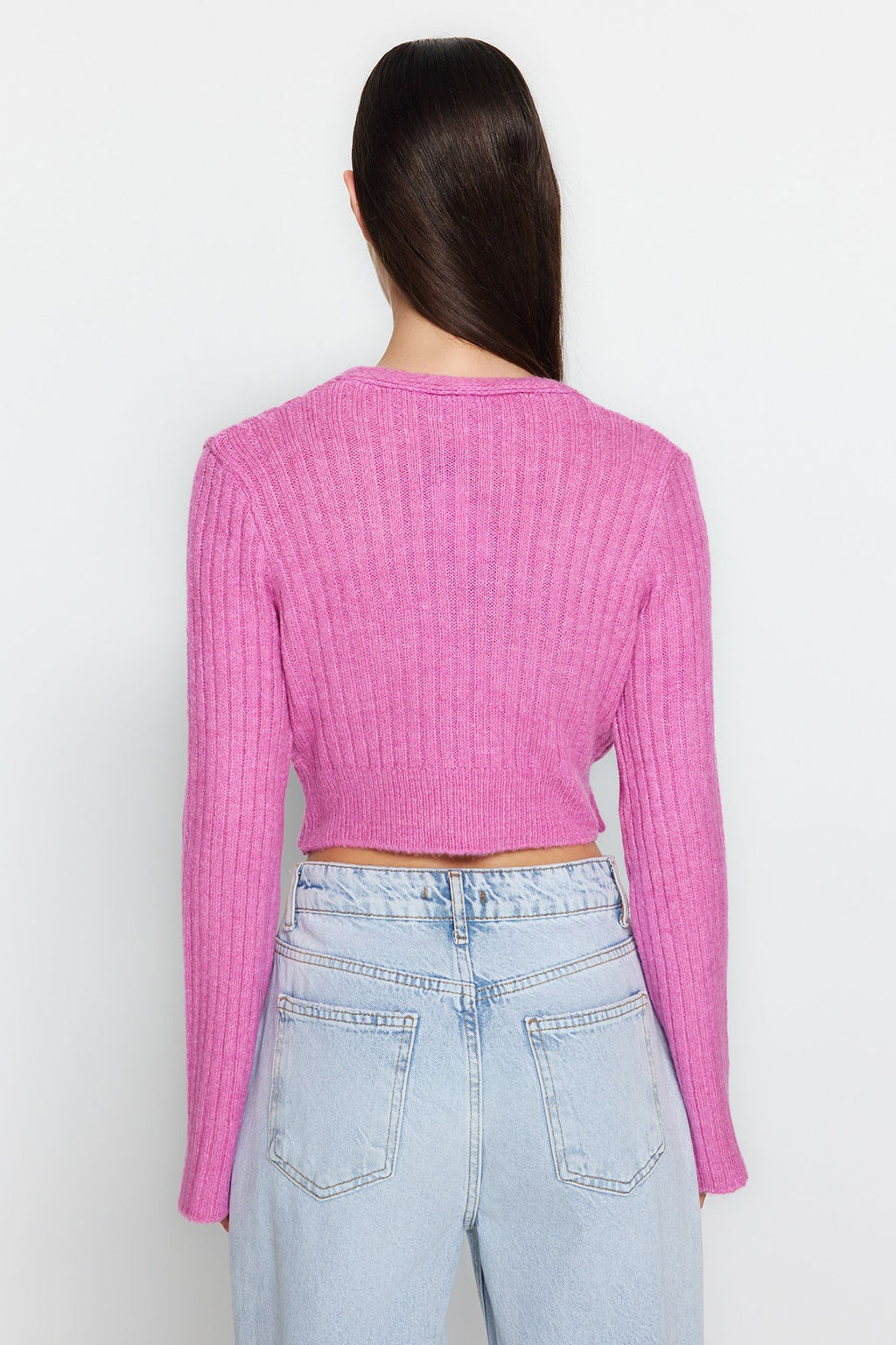 Pembe Crop Yumusak Dokulu Kruvaze Triko Kazak TWOAW24KZ00381