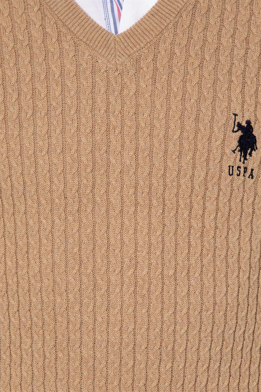 U. S. Polo Assn Мужской базовый трикотажный свитер светло-коричневого цвета с v-образным вырезом и меланжевым принтом - U.s. polo assn фото 12