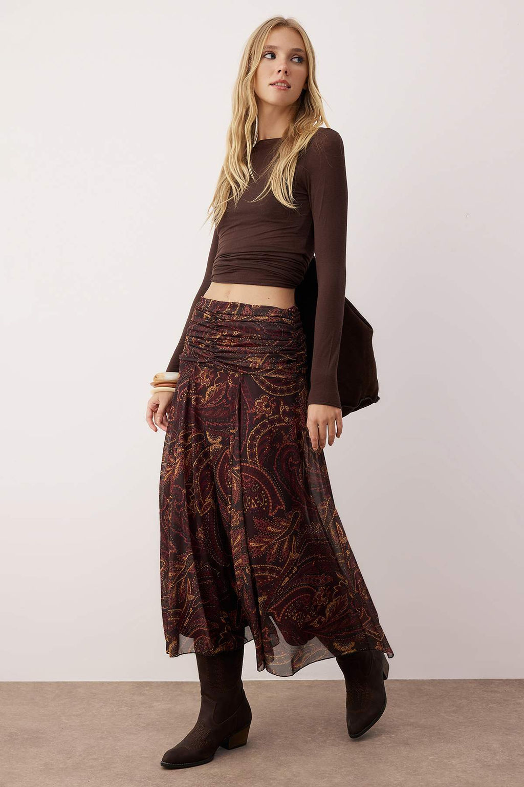 Cok Renkli Maxi Buzgu/Drape Detayl? Boho/Boho Chic Baskl?l? Tul Esnek Orme Etek TWOAW26ET00122