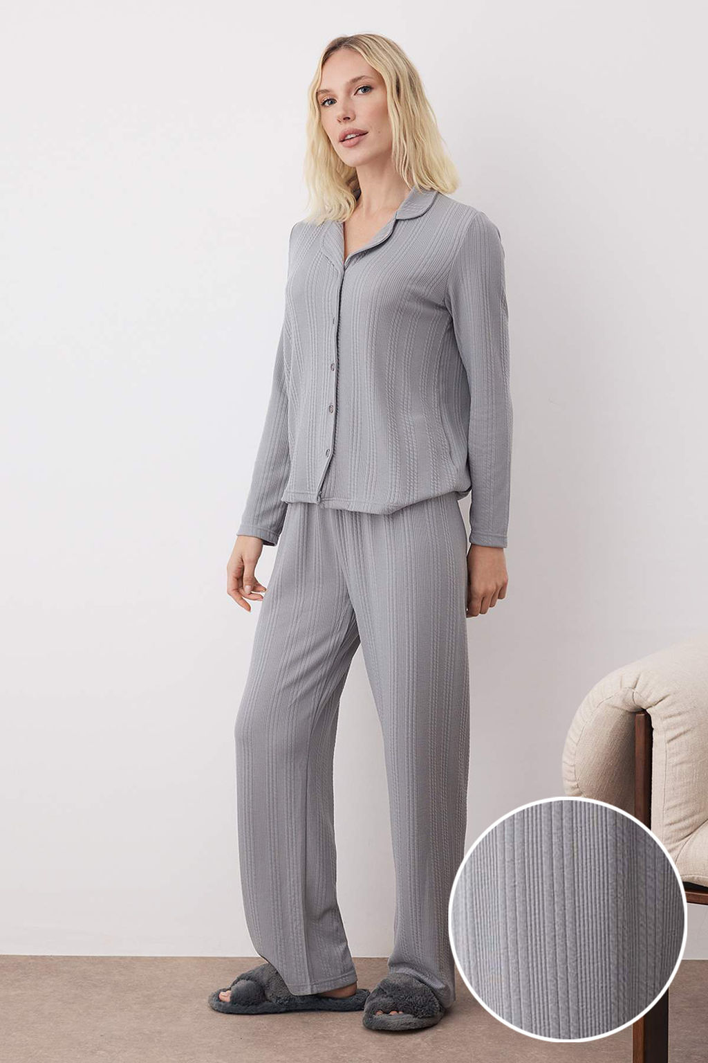 Lacivert Dokulu Fitilli Yumusak Tuse K?sl?k Orme Pijama Tak?m? THMAW26PT00093 - Trendyolmilla фото 5