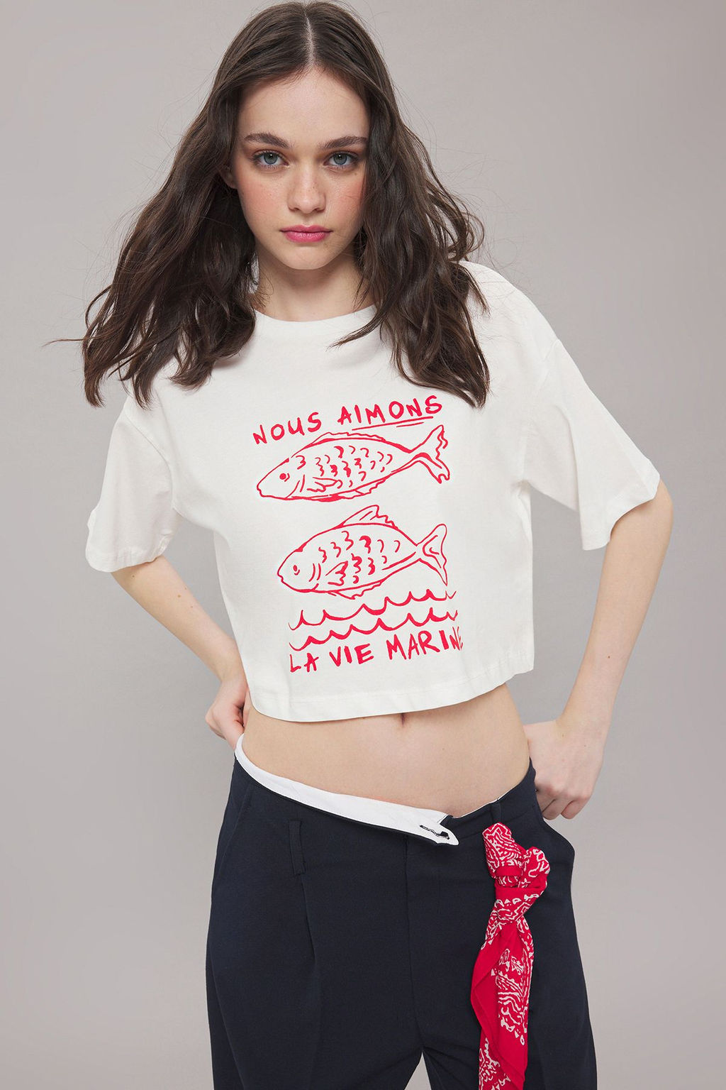 TRENDYOLMILLA Lacivert %100 Pamuk Relaxed/Rahat Kal?p Crop Bask?l? Orme T-Shirt TWOSS25TS00080  фото 10