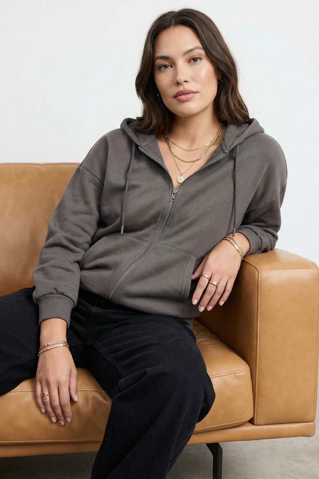 Antrasit Oversize/Rahat Kesim Basic Kapusonlu Fermuarl? Kal?n Ici Polarl