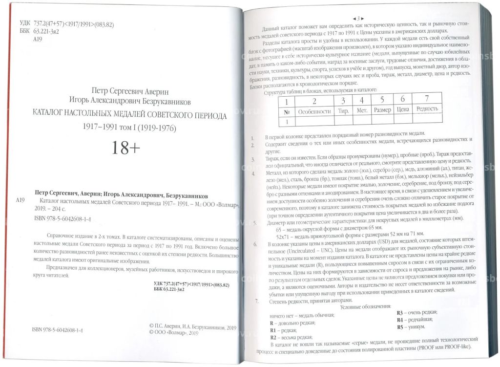 Каталог настольных медалей Советского периода 1917-1991 года (Волмар) 1 выпуск 2019 года, том I (1919 -1976 г.г.)
