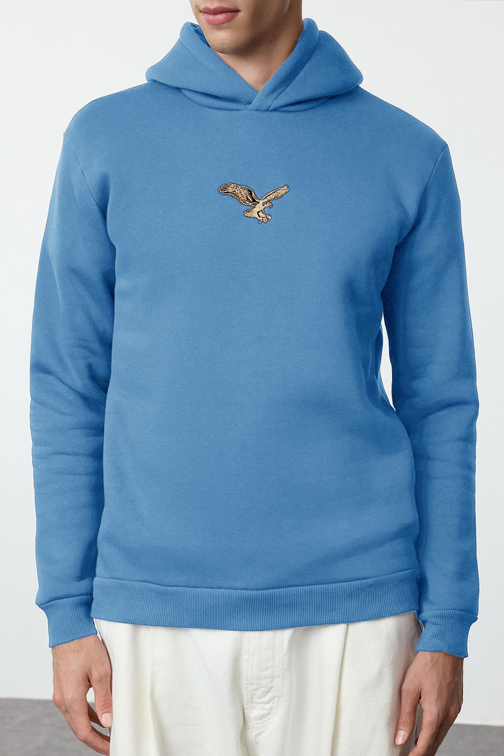 TRENDYOL MAN Mavi Regular/Normal Kesim Hayvan Nak?sl? Ici Polarl? Kapusonlu Sweatshirt TMNAW25SW00094
