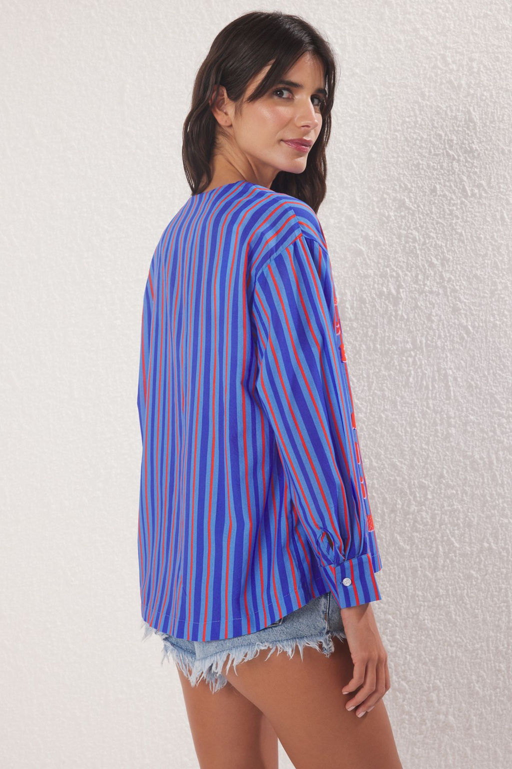 Trendyolmilla Bal?k Ve Cizgi Desenli Dokuma 100% Pamuk Plaj Gomlek TBESS25GO00018  фото 6