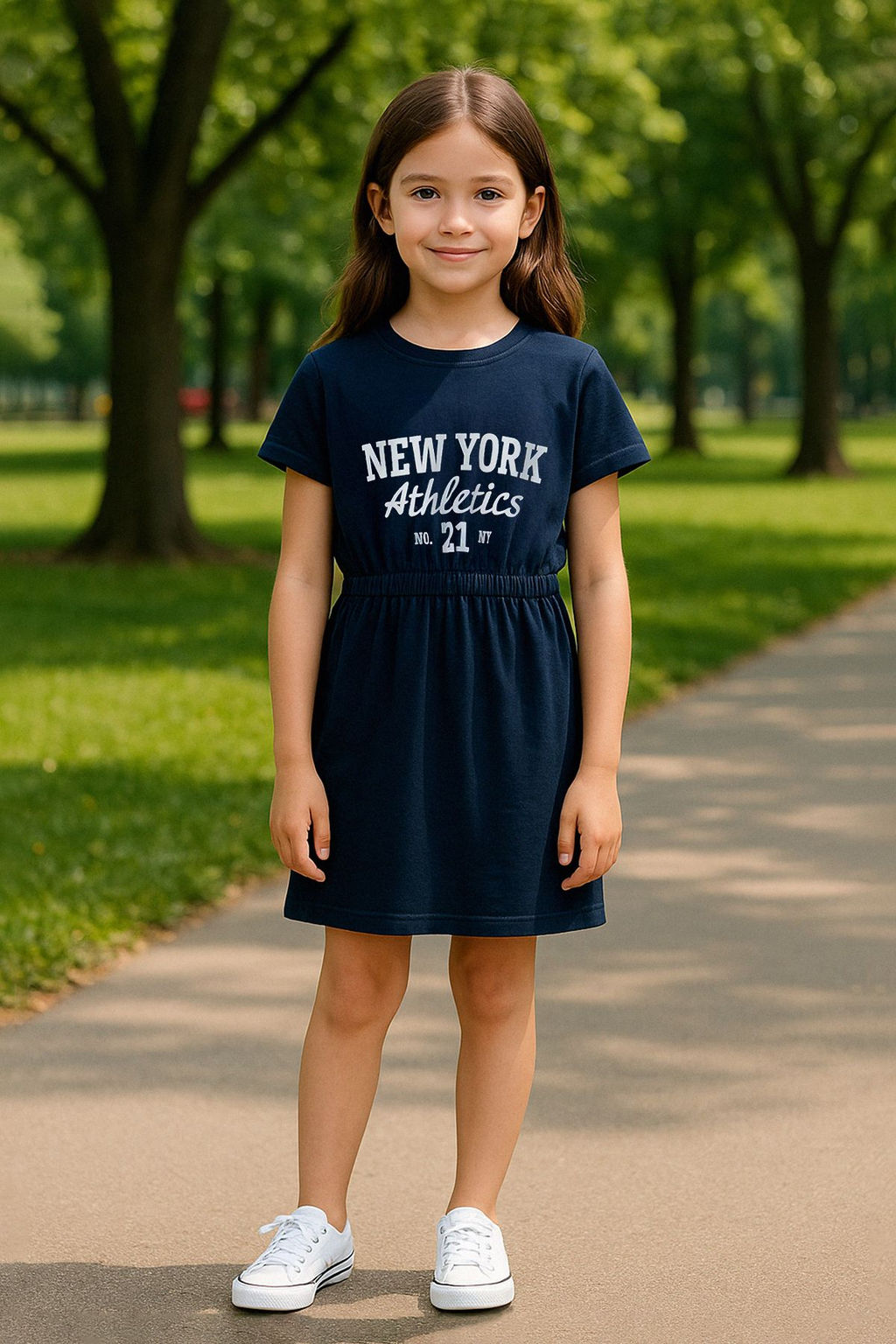 Lacivert K?z Cocuk %100 Pamuk Slogan Bask?l? K?sa Kol Beli Lastikli Mini Orme Elbise TKDSS25EL00084