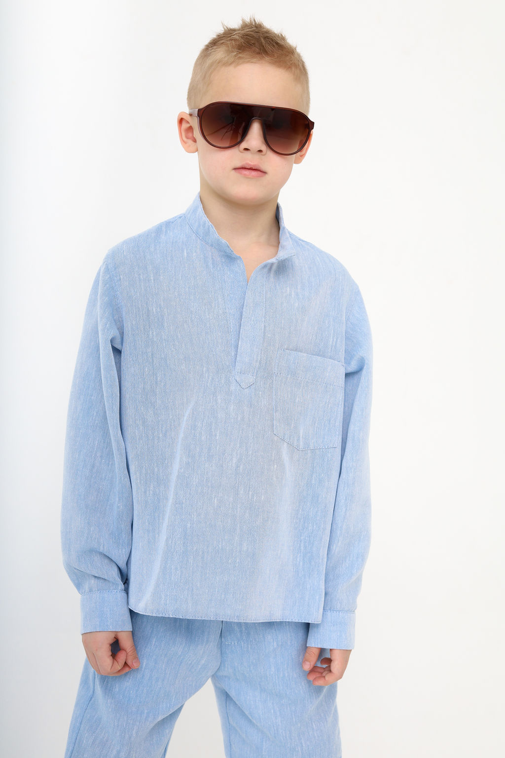 Рубашка-хенли Лен, голубой меланж - Inzibe фото 6
