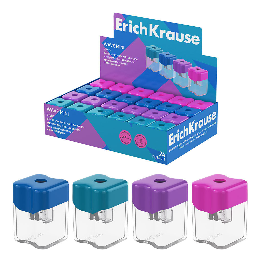 Цена за 24 шт. Точилка пластиковая ErichKrause Wave Mini, Vivid, с контейнером, ассорти (в коробке-дисплее по 24 шт)