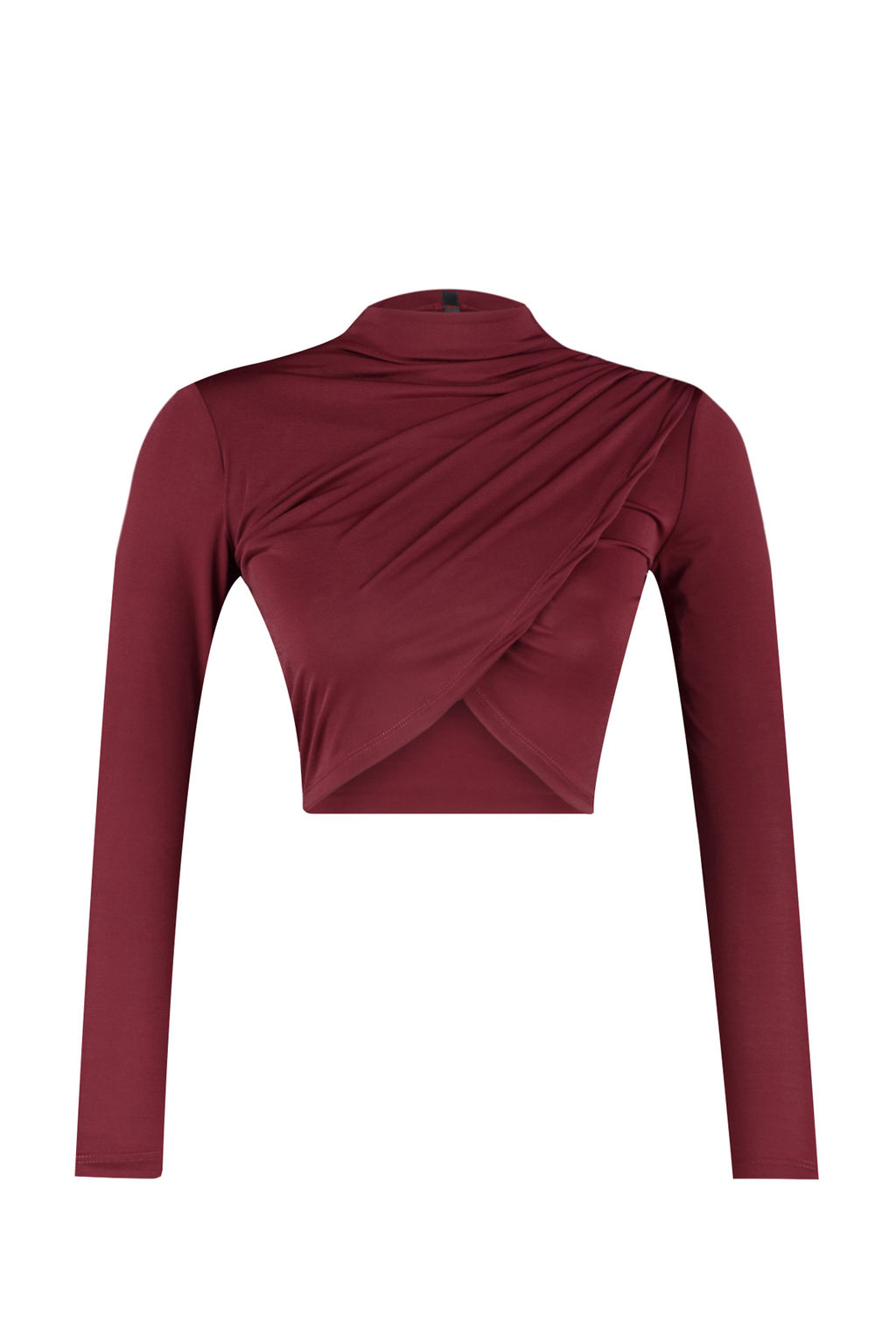 Bordo Dik Yaka Drapeli Vucuda Oturan Esnek Orme Crop Bluz TWOAW24BZ00164