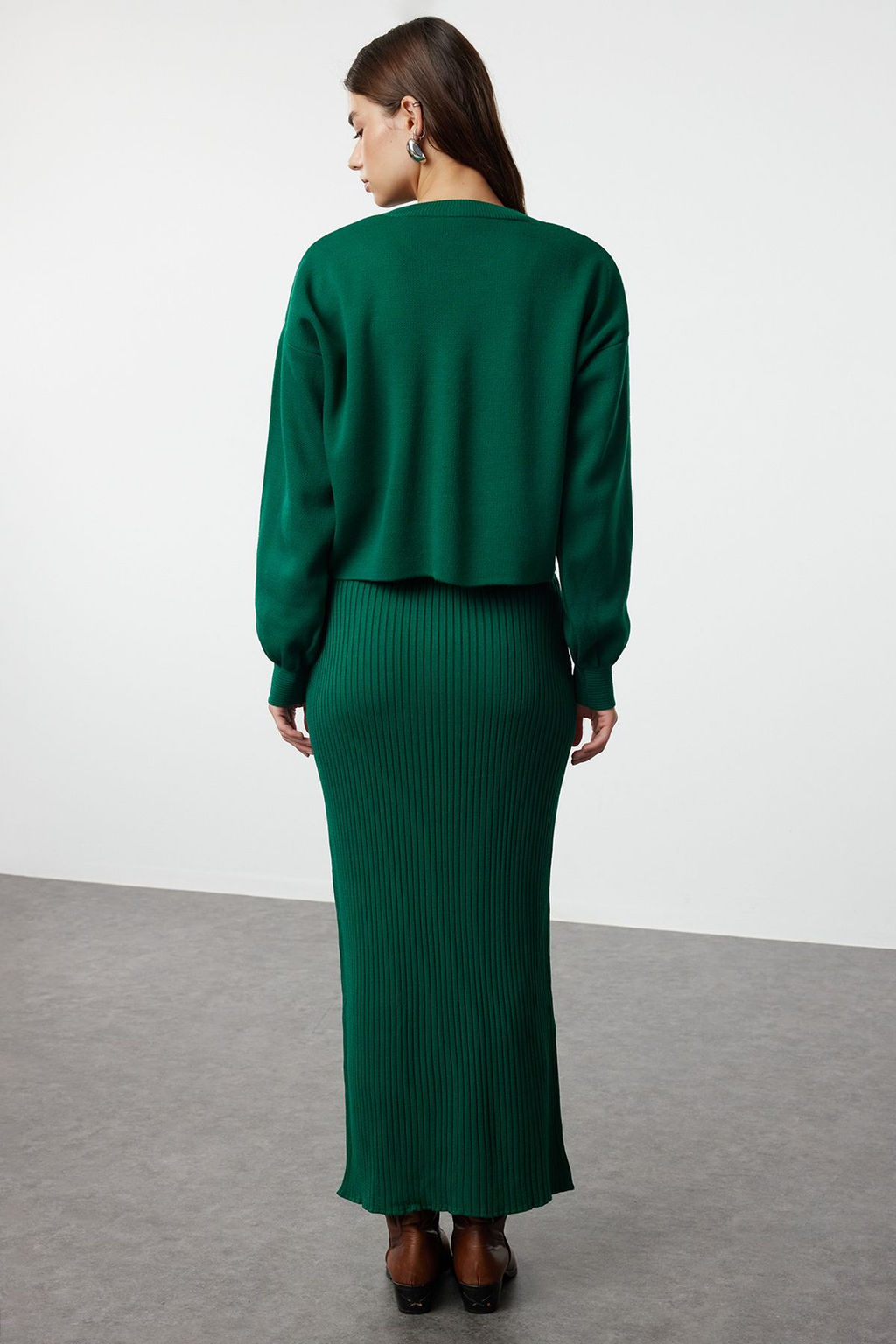 Yesil Midi Triko Uzun Kazak-Elbise Tak?m TWOAW25EL00060