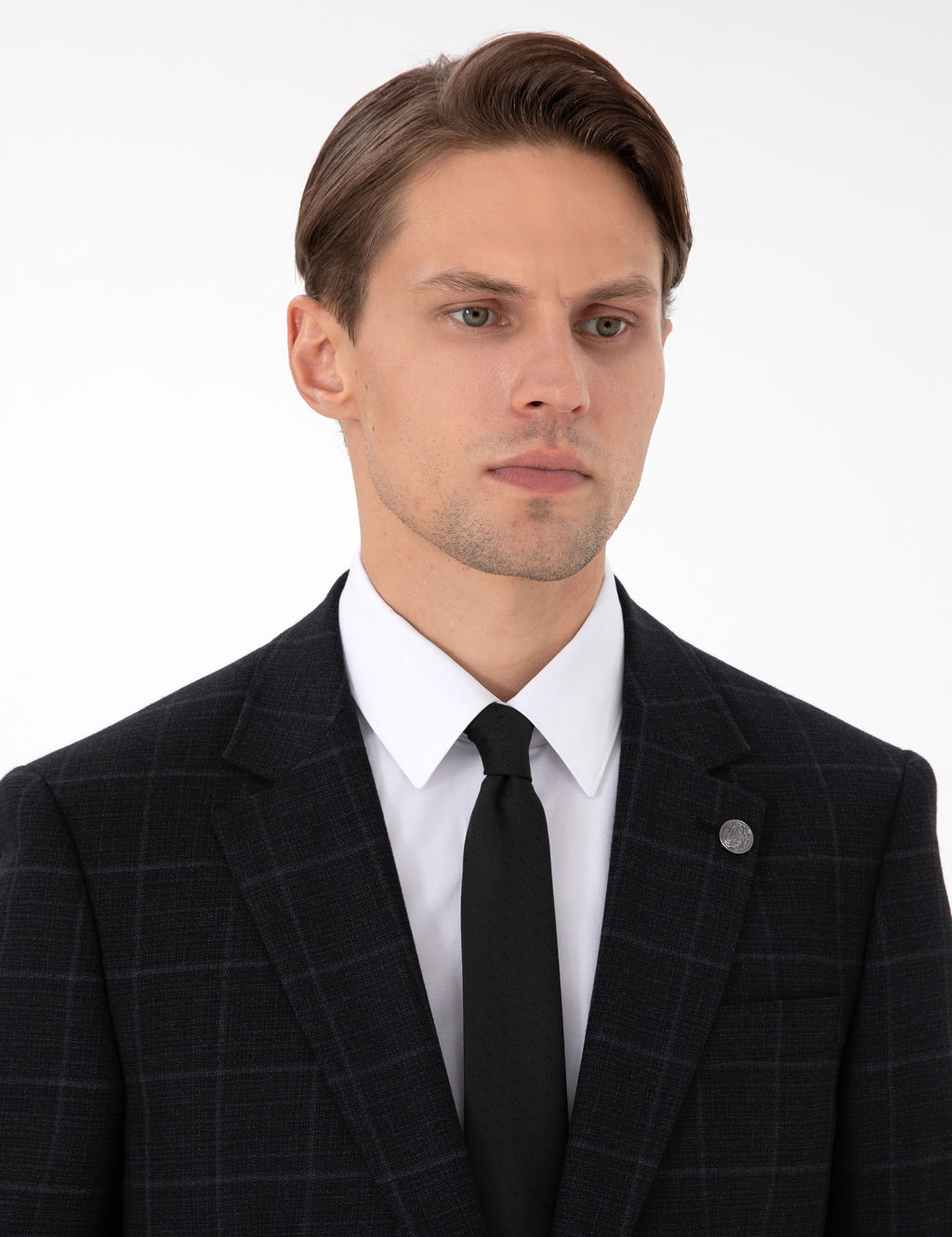 Siyah Slim Fit Ekose Y_nl_ Tak_m Elbise