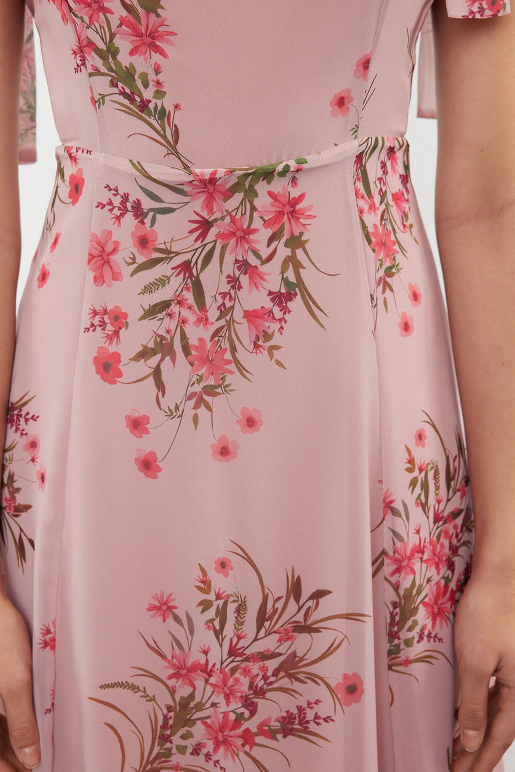 Pembe Cicekli A Kesim Y?rtmacl? S?rt? Gipe Detayl? Sifon Astarl? Midi Dokuma Elbise TWOSS24EL00699