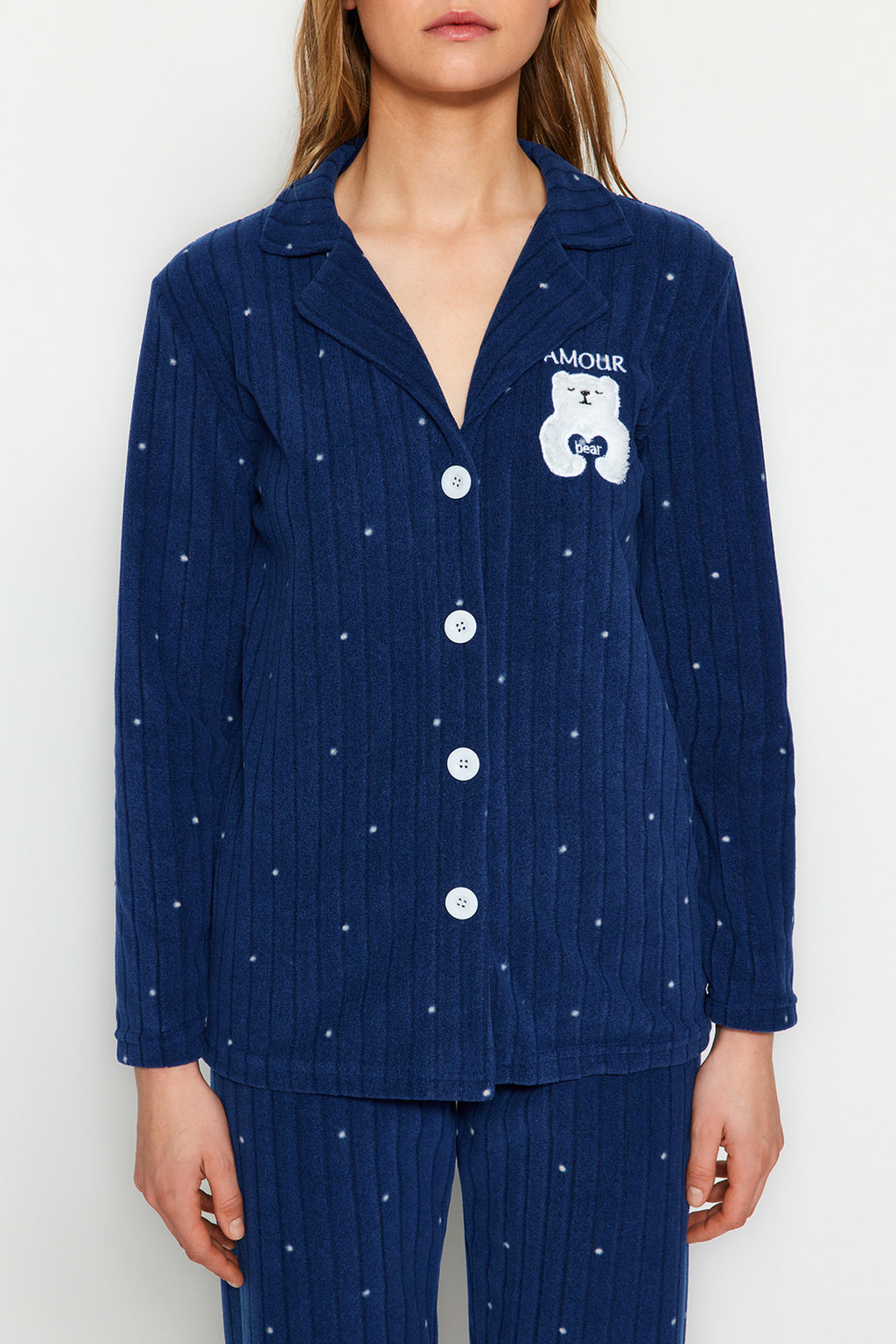 Trendyolmilla Lacivert Puantiyeli Hayvan Bask?l? Polar K?sl?k Orme Pijama Tak?m? THMAW24PT00176