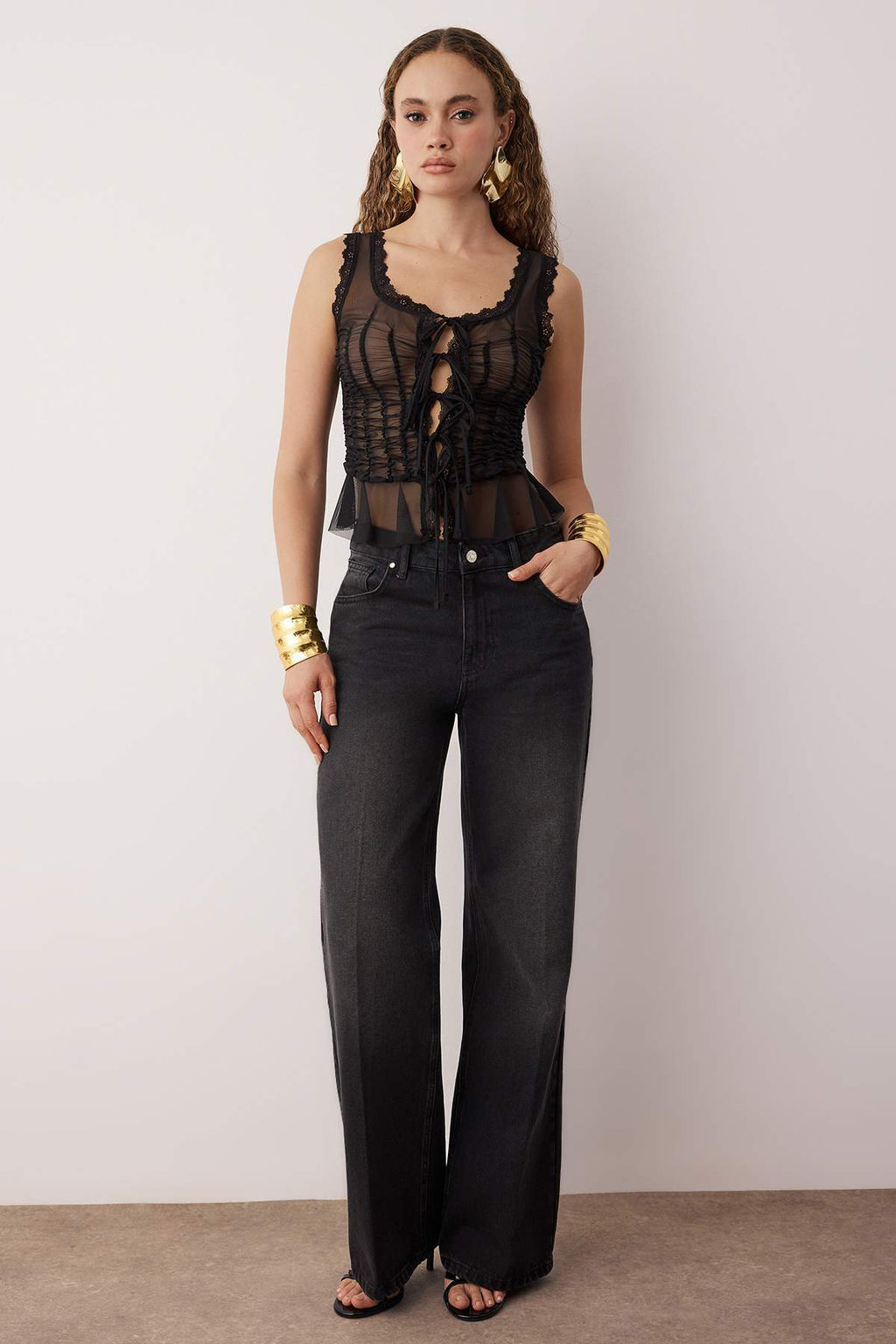 Siyah Astars?z Tul Dantel Seritli Buzgu Detayl? Tul Party Bluz TPRSS25BZ00052 - Trendyolmilla фото 2
