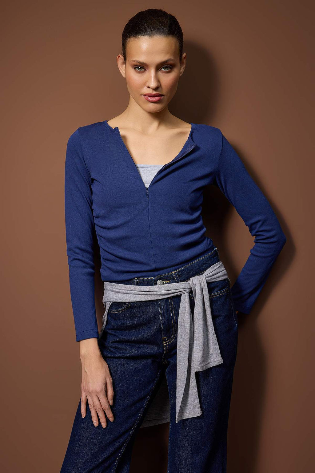 Gri Melanj Fitted/Vucuda Oturan Yar?m Fermuarl? Cift Katl? Orme Bluz TWOAW26BZ00031 - Trendyolmilla фото 16