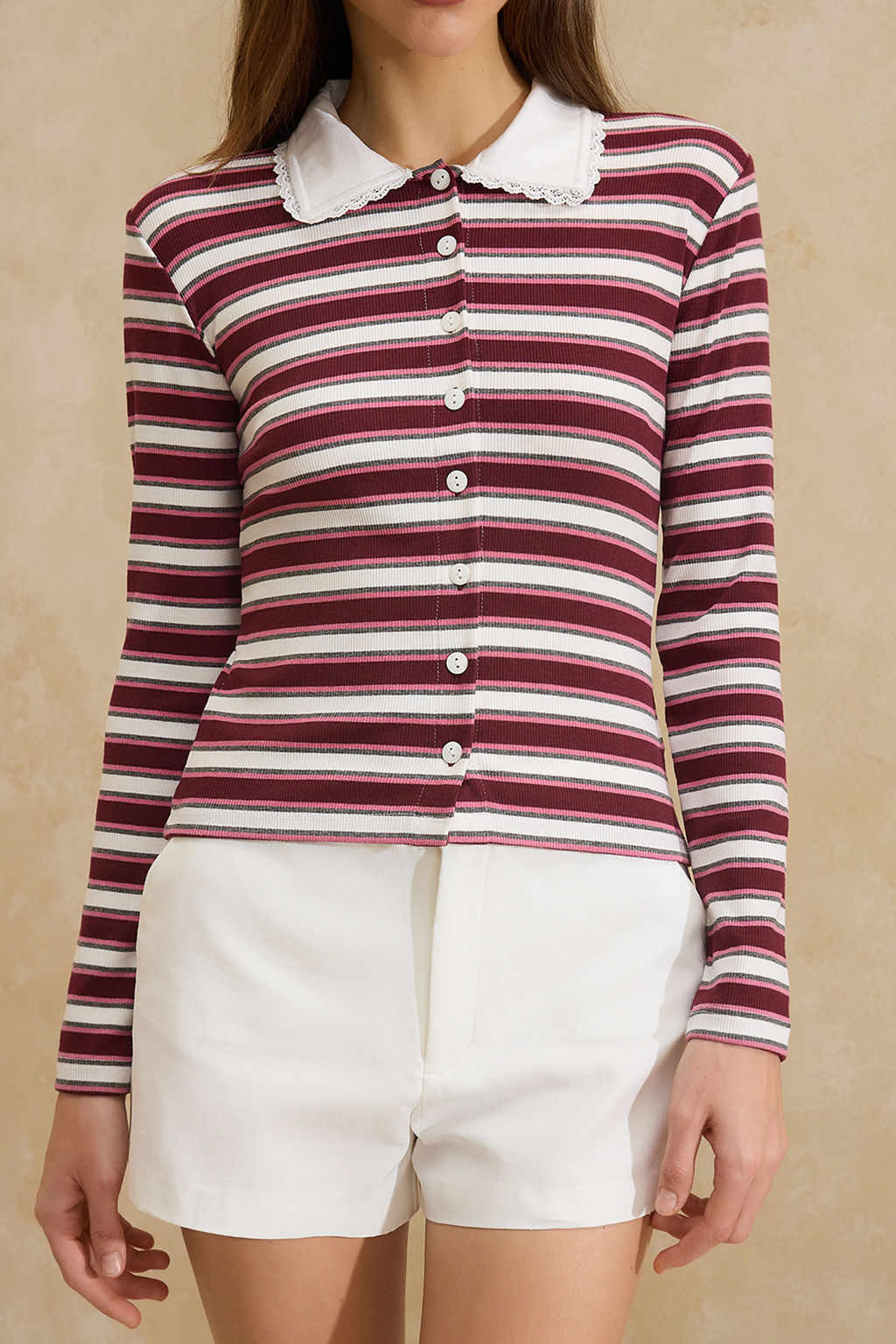 Cok Renkli Cizgili Fitted/Vucuda Oturan Polo Yaka Dugmeli Fitilli Esnek Orme Bluz TWOSS26BZ00067