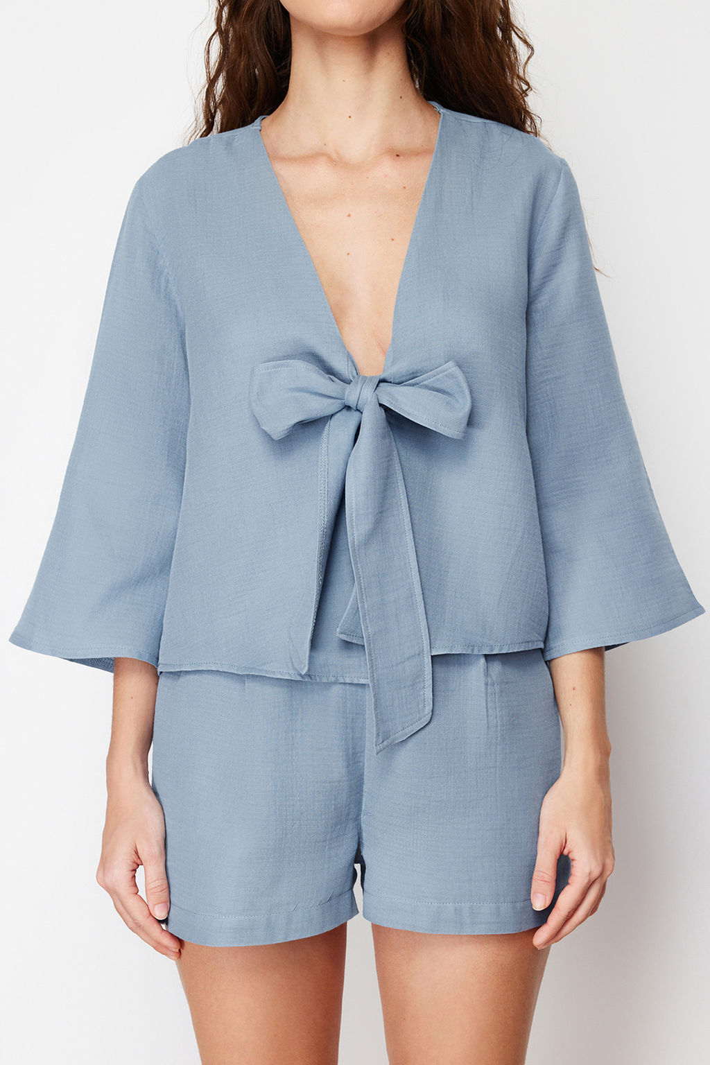 Mavi %100 Pamuklu Baglama/Kurdele/Fiyonk Detayl? Muslin Sortlu Dokuma Pijama Tak?m? THMSS24PT00077