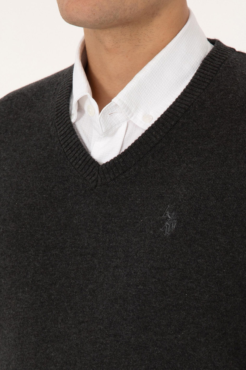 Erkek Slim Fit V Yaka Antrasit Melanj Basic Triko Kazak - U.s. polo assn фото 7