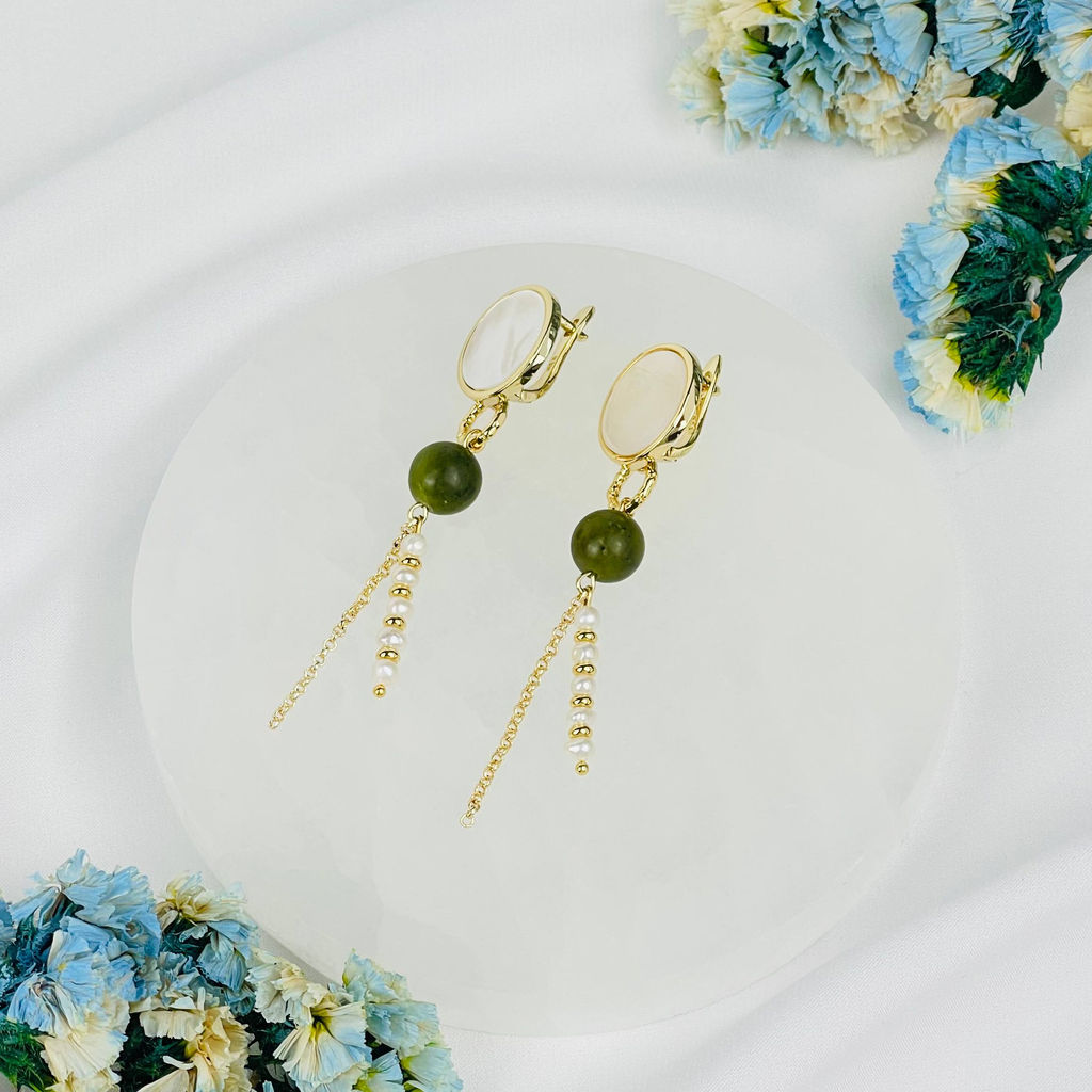 Серьги длинные из Жемчуга, Змеевика и Перламутра