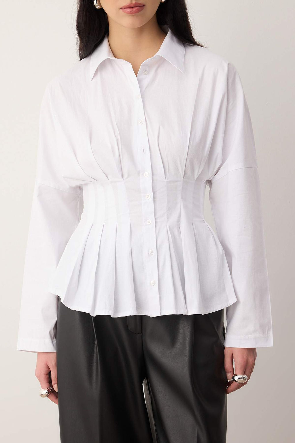 Beyaz Pili Detayl? Vucuda Oturan Lycral? Pamuklu Poplin Gomlek TWOAW26GO00136 - Trendyolmilla фото 3