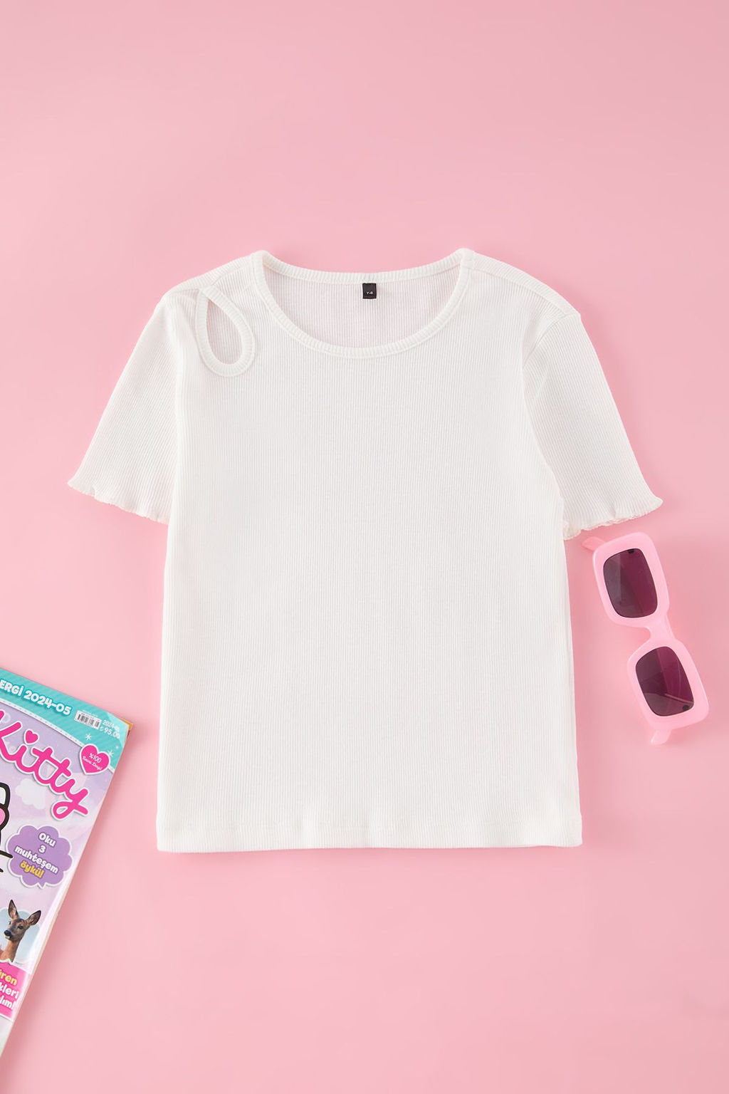 Siyah K?z Cocuk Pamuklu Basic Regular Kal?p Cut-Out Detayl? K?sa Kol Orme T-Shirt TKDSS25TS00022