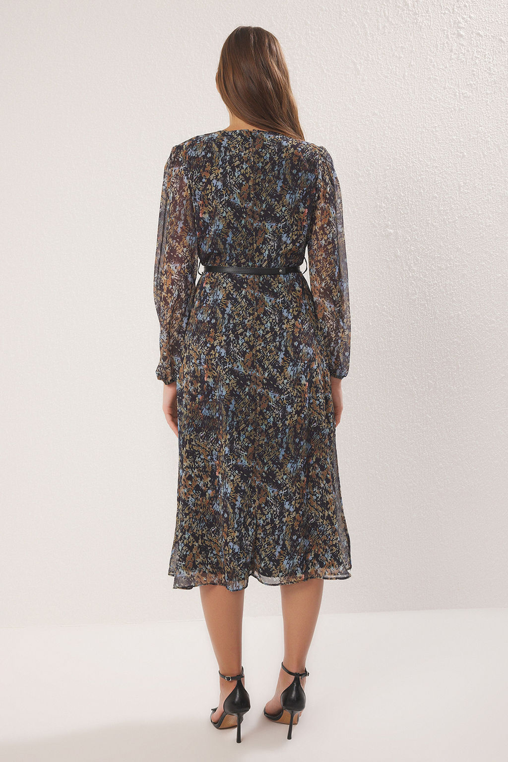 Yesil Kemerli A Kesim Kruvaze Yaka Boho Desenli Sifon Midi Dokuma Elbise TWOAW24EL00660