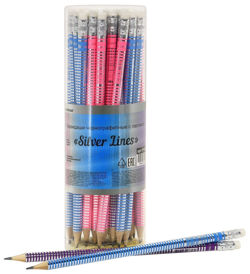 Цена за 10 шт.Карандаш чернографитный Schoolformat SILVER LINES НВ, заточенный, дерево, круглый, с ласти...