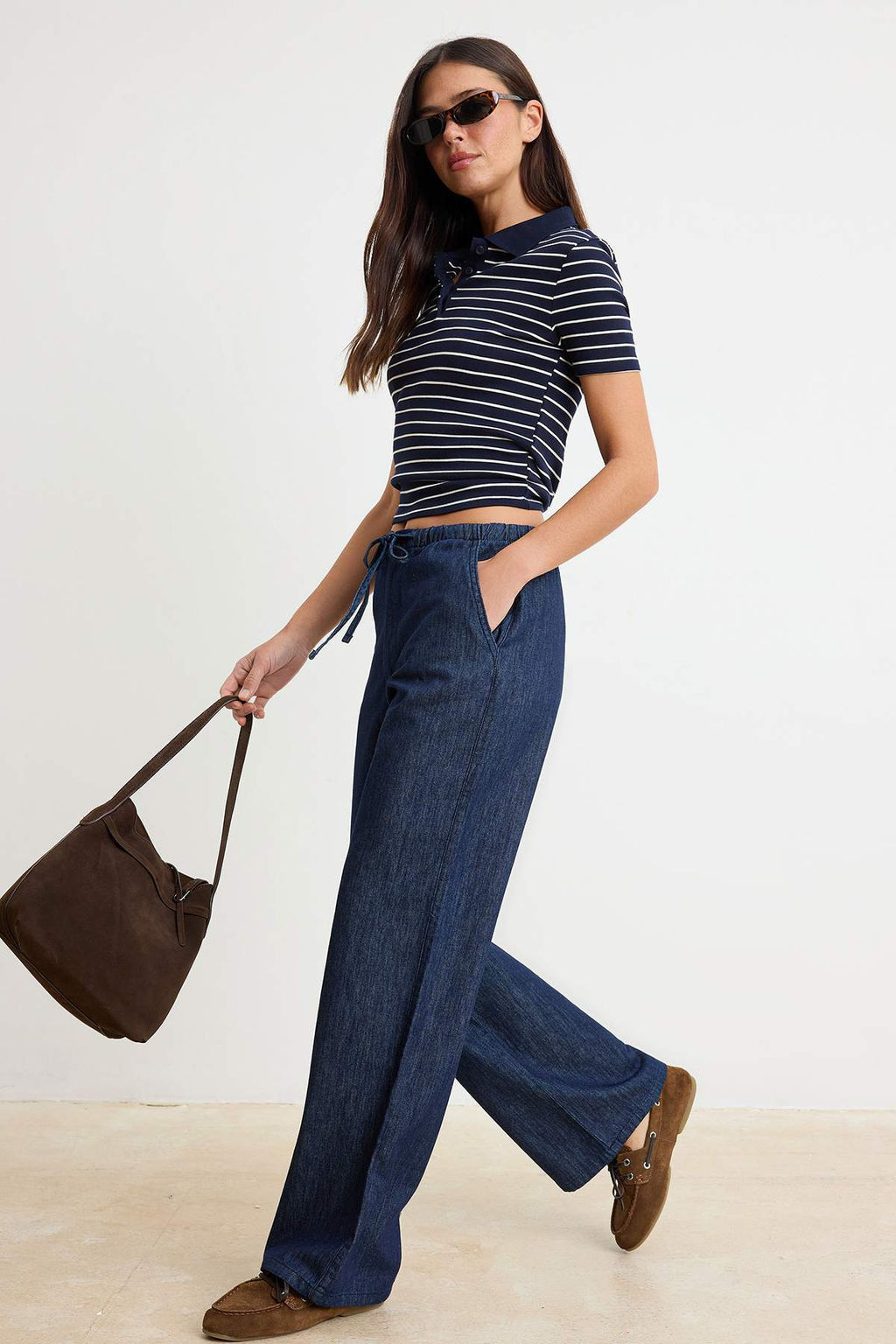 Koyu Mavi Beli Lastikli Yuksek Bel Wide Leg Jeans TWOSS26JE00299 - Trendyolmilla фото 2