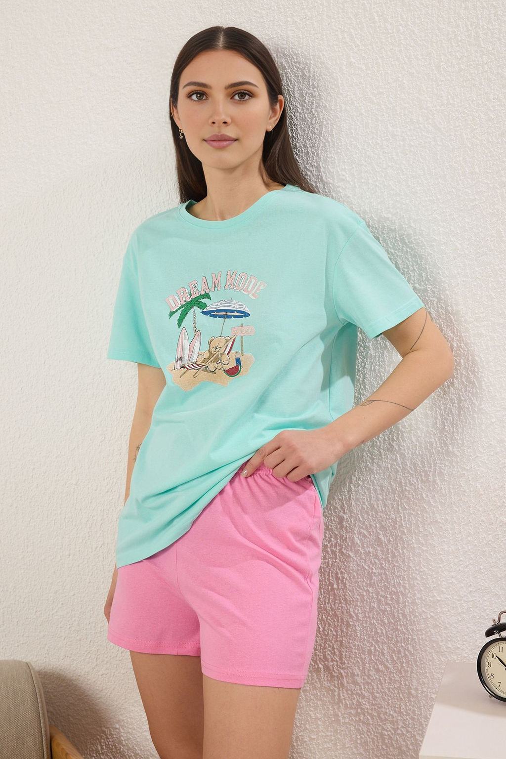 Trendyolmilla Turkuaz-Pembe %100 Pamuklu Yaz Temal? Sortlu Orme Pijama Tak?m? THMSS25PT00262  фото 2