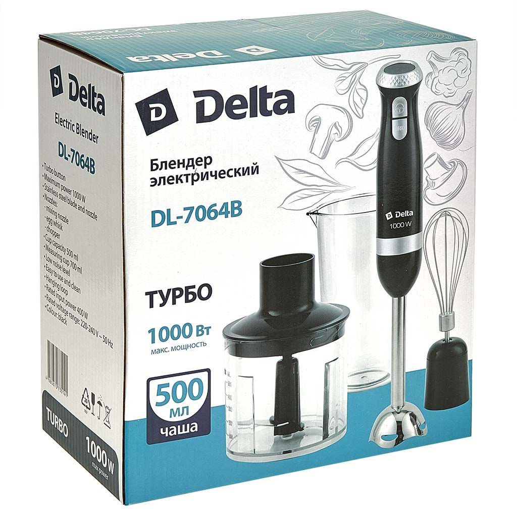Блендер DELTA DL-7064B черный 1000 Вт, ТУРБО, стакан, венчик, измельчитель